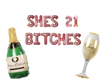 Shes 21 Bitches Balloons: 21st Birthday Party Banner & Champagne Set