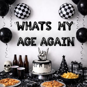 May include: A birthday party scene with black balloons, checkered balloons, and the phrase "WHATS MY AGE AGAIN" in large black letters. A cake with a skeleton hand topper, pizza, and other party supplies are on the table.