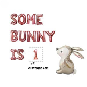 Puede incluir: Globos de lámina de oro rosa que deletrean "SOME BUNNY IS 1" con una opción de edad personalizable. También se incluye un globo de conejo gris.