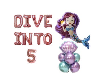 Dive into 5 banner 16 inches | 5th birthday Party Under The Sea Theme Dive into 5 Mermaid birthday Theme Party