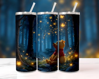 3D Winnie Pooh Night and Shine Tumbler Wrap PNG, 20oz skinny rechte en taps toelopende beer sublimatieontwerp, schattige digitale download van Disney