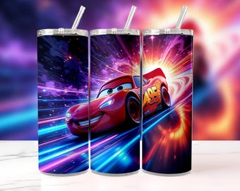 Lightning McQueen Tumbler 20oz with Straw Neon Speed Tunnel Design Disney Pixar Insulated Water Bottle Cosmic Cars Cup Kids & Fan Gift