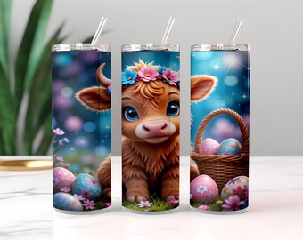 Schattige Highland Cow paasbeker wrap, 20 oz beker png sublimatieontwerp, Highland Cow paasbeker png, eier paasbeker wrap