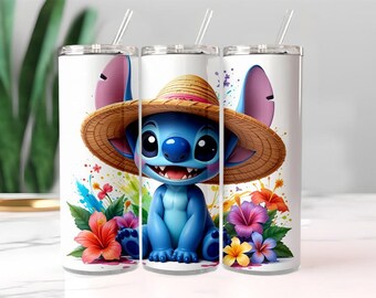 Bicchiere Stitch da 20 once / Tazza sottile con fiori tropicali / Bicchieri estivi Disney carini / Stampa a sublimazione Stitch con cappello di paglia / Idea regalo per la spiaggia