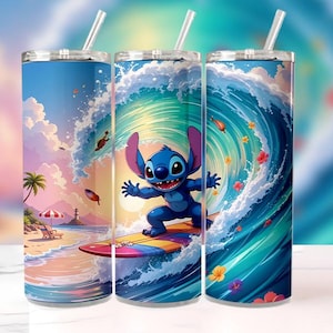 Stitch Surfing Tumbler Wrap PNG, 20oz Tropical Ocean Wave Design, Uroczy kubek sublimacyjny Disney, Plaża Lato Cyfrowe pobieranie