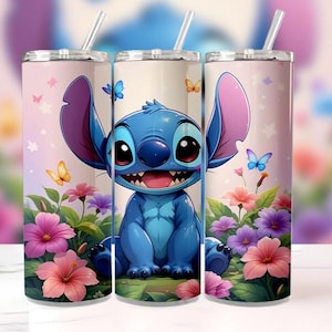 Magic Stitch Floral Watercolor 20oz Skinny Tumbler Wrap PNG, Sublimation Design, Disney Stitch Floral Digital Download, 300 DP