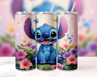 Vaso delgado de 20 oz con diseño de acuarela floral y puntada mágica, PNG, diseño de sublimación, descarga digital floral de Disney Stitch, 300 DP