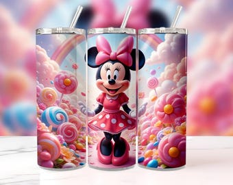 Minnie Mouse 20oz smalle beker met rietje | Schattige Candy Land-regenboogbeker | Geïsoleerde roestvrijstalen reismok cadeau voor meisjes