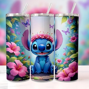 Magic Stitch Floral Watercolor Tumbler Wrap PNG, 20oz Skinny Tumbler Sublimation Design, Cute Disney Stitch Digital Download