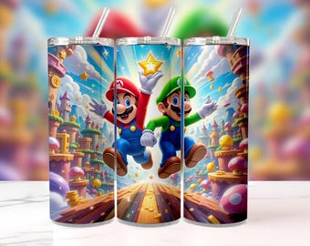 Mario & Luigi 20oz Skinny Tumbler with Straw | Super Mario Bros Cup | Nintendo Gamer Gift | Stainless Steel Travel Mug