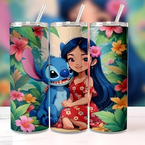 3D Lilo and Stitch Floral Tumbler Wrap PNG, 20oz Skinny Straight & Tapered Tumbler Sublimation Design, Cute Disney Digital Download