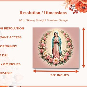 Virgin of Guadalupe 20oz Skinny Tumbler Wrap Sublimation Design PNG - Instant Digital Download for Tumbler DIY Sublimation Projects image 2