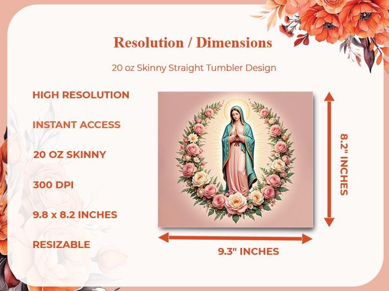 Virgin of Guadalupe 20oz Skinny Tumbler Wrap Sublimation Design PNG - Instant Digital Download for Tumbler DIY Sublimation Projects image 2