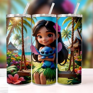 3D Lilo and Stitch Garden Tumbler Wrap PNG, 20oz Skinny Straight & Tapered Sublimation Design, Cute Angel and  Stitch Digital Download