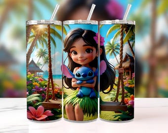 3D Lilo and Stitch Garden Tumbler Wrap PNG, 20oz Skinny Straight & Tapered Sublimation Design, Cute Angel and  Stitch Digital Download