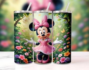 3D Cute Pink Minnie Flowers Tumbler Wrap PNG, Minnie Butterfly Sublimation Design for 20oz Skinny Straight & Tapered Tumblers