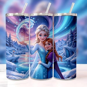 Elsa and Anna Frozen Tumbler Wrap PNG, 20oz Watercolor Splash Skinny Cup Design, Disney Princess Sublimation, Instant Digital Download