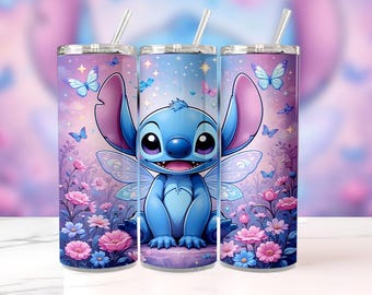 3D Stitch Flowers and Butterfly Tumbler Wrap PNG, 20oz Skinny Straight & Tapered Sublimation Design, Cute Cartoon Digital Download