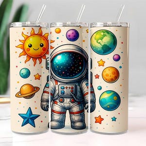 Envoltura para vaso de astronauta, diseño de sublimación de planetas coloridos PNG para vasos de 20 oz, descarga digital de dibujos animados espaciales, archivo de impresión DTF