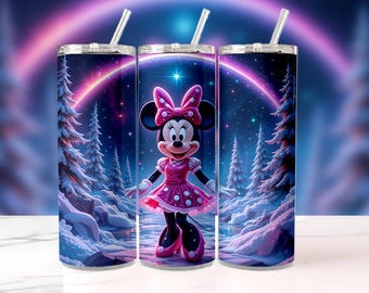 Minnie Mouse 20oz smalle beker met rietje | Schattige roze glitter Disney-beker | Geïsoleerde roestvrijstalen reismok cadeau voor meisjes