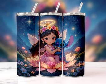 Envoltura de vaso 3D de Lilo y Stitch PNG, diseño de sublimación de 20 oz de Ángel y Stitch, vaso delgado de pareja de Disney, descarga digital