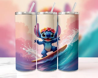 Tumbler avvolgente Stitch Surfing da 20 once / Tumbler sottile con spiaggia hawaiana in formato PNG / Design estivo a sublimazione per Cricut e stampa