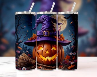 May include: Three Halloween-themed tumblers with straws. Each tumbler features a design of a jack-o'-lantern wearing a purple witch hat, set against a spooky night scene with a full moon, bats, and trees.