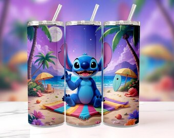 Tazza da spiaggia Stitch in formato PNG / 20 oz, motivo cartone animato tropicale sottile / Tazza per le vacanze estive Disney, stampata a sublimazione / Download digitale istantaneo