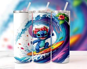 Bicchiere da surf Stitch da 20 once / Tazza Disney con fiore hawaiano / Bicchiere estivo magro / Pellicola a sublimazione / Idea regalo per la spiaggia