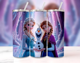 Copo Frozen da Elsa e da Anna em PNG | Design de sublimação de 20 oz com respingos de aquarela | Download digital para projetos Cricut e Cup Press