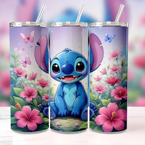 Magic Stitch Floral Watercolor Tumbler Wrap PNG, 20oz Skinny Sublimation Design, Cute Disney Stitch Digital Download, 300 DPI