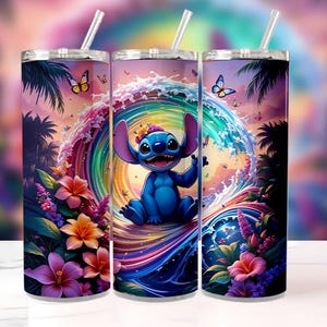 Stitch Tumbler Wrap PNG, 20oz Tropical Rainbow Wave Design, Uroczy Disney Alien Sublimacja, Kwiatowy Kubek z Kreskówek, Natychmiastowe Pobieranie