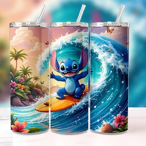 Stitch Summer Tumbler Wrap PNG, 20oz Skinny Cartoon Beach Tumbler Sublimacja, Pełne owinięcie cyfrowe do pobrania, Uroczy wzór Tumbler