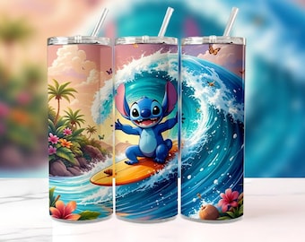 Stitch Summer Tumbler Wrap PNG, 20oz Skinny Cartoon Beach Tumbler Sublimatie, Volledige Wrap Digitale Download, Leuk Tumbler Design