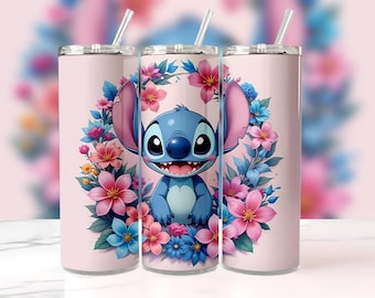 3DかわいいスティッチフラワータンブラーラップPNG、20オンススキニータンブラー昇華デザイン、ディズニースティッチフローラルデジタルダウンロードインスタントファイル