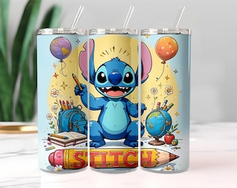 Vaso de Stitch para niños / Vaso personalizado para la vuelta al cole con pajita / Botella de agua con dibujos animados / Accesorios escolares de Lilo y Stitch