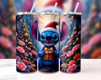 Stitch Christmas 20oz Skinny Tumbler Wrap PNG | Lilo & Stitch Holiday Sublimation Design | Santa Stitch Digital Download Cup