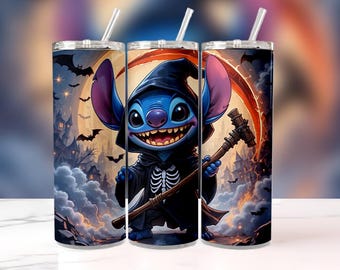 Vaso de Stitch de la Parca de 20 oz / Vaso de acero inoxidable de Halloween con tapa y pajita / Vaso espeluznante y lindo / Regalo para fanáticos de Stitch