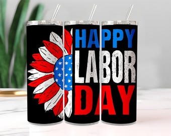 Design de sublimação para embrulho de copo patriótico Feliz Dia do Trabalho de 20 onças com bandeira americana, flor, PNG, SVG, clipart para Cricut, uso comercial