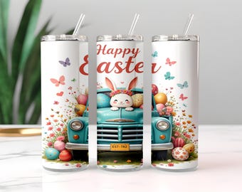 Retro Truck Easter Tumbler Wrap, 20 oz Skinny Tumbler Sublimation Design, Bunny Tumbler Wrap, Floral Easter Tumbler PNG, Digital Download