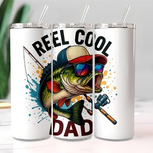 Reel Cool Dad 20oz Tumbler Wrap PNG, Fishing Sublimation Design, Largemouth Bass Dad Gift, Skinny Tumbler, Instant Download for DTF