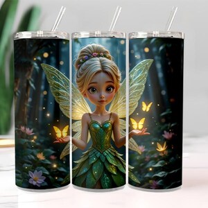 3D Cute Tinkerbell Tumbler Wrap PNG, Princess Fairy Butterfly Sublimation Design for 20oz Skinny Straight & Tapered Tumblers, Magical Wrap