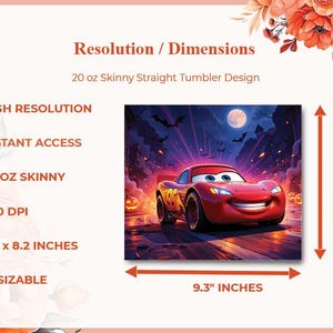 May include: A digital design for a 20 oz skinny straight tumbler. The image features a red cartoon race car with the number 95, set against a Halloween night scene with bats, a full moon, and pumpkins. The design dimensions are 9.8 x 8.2 inches.