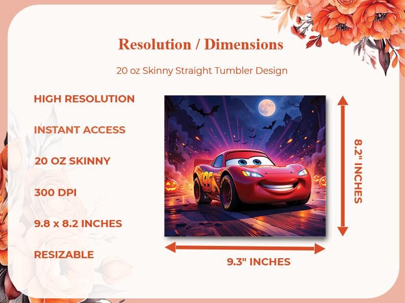 May include: A digital design for a 20 oz skinny straight tumbler. The image features a red cartoon race car with the number 95, set against a Halloween night scene with bats, a full moon, and pumpkins. The design dimensions are 9.8 x 8.2 inches.