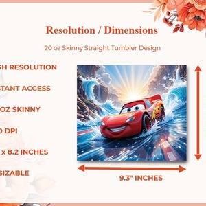 Op de afbeelding: Digitaal ontwerp voor een 20 oz skinny straight tumbler. De afbeelding toont een rode raceauto in water, met afmetingen van 24,89 x 20,83 cm en 23,62 cm. Het ontwerp is van hoge resolutie en direct toegankelijk.