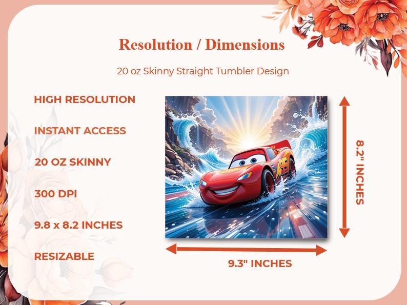 Op de afbeelding: Digitaal ontwerp voor een 20 oz skinny straight tumbler. De afbeelding toont een rode raceauto in water, met afmetingen van 24,89 x 20,83 cm en 23,62 cm. Het ontwerp is van hoge resolutie en direct toegankelijk.