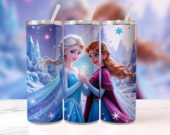 Elsa and Anna Frozen Tumbler Wrap PNG | 20oz Skinny Watercolor Splash Design | Disney Princess Cup Sublimation | Instant Digital Download