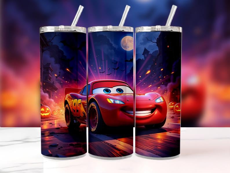 May include: A set of three stainless steel tumblers with a Halloween-themed design. Each tumbler features a vibrant image of Lightning McQueen from the movie Cars, set against a spooky night scene with pumpkins and a full moon.