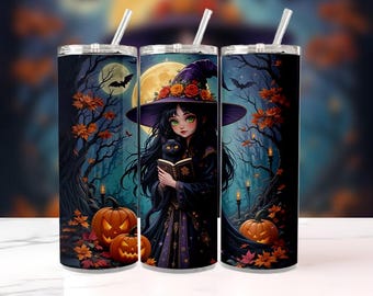 20oz Halloween Tumbler, Witch & Black Cat Drinkware, Spooky Pumpkin Cup, Fall Seasonal Decor, Perfect Halloween Party Gift