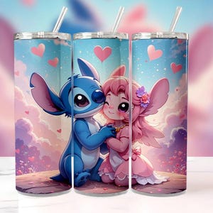 Angel and Stitch 20oz Tumbler Wrap PNG, Cute Cartoon Sublimation Design, Skinny Tumbler Digital Download, Stitch Cup Wrap Art